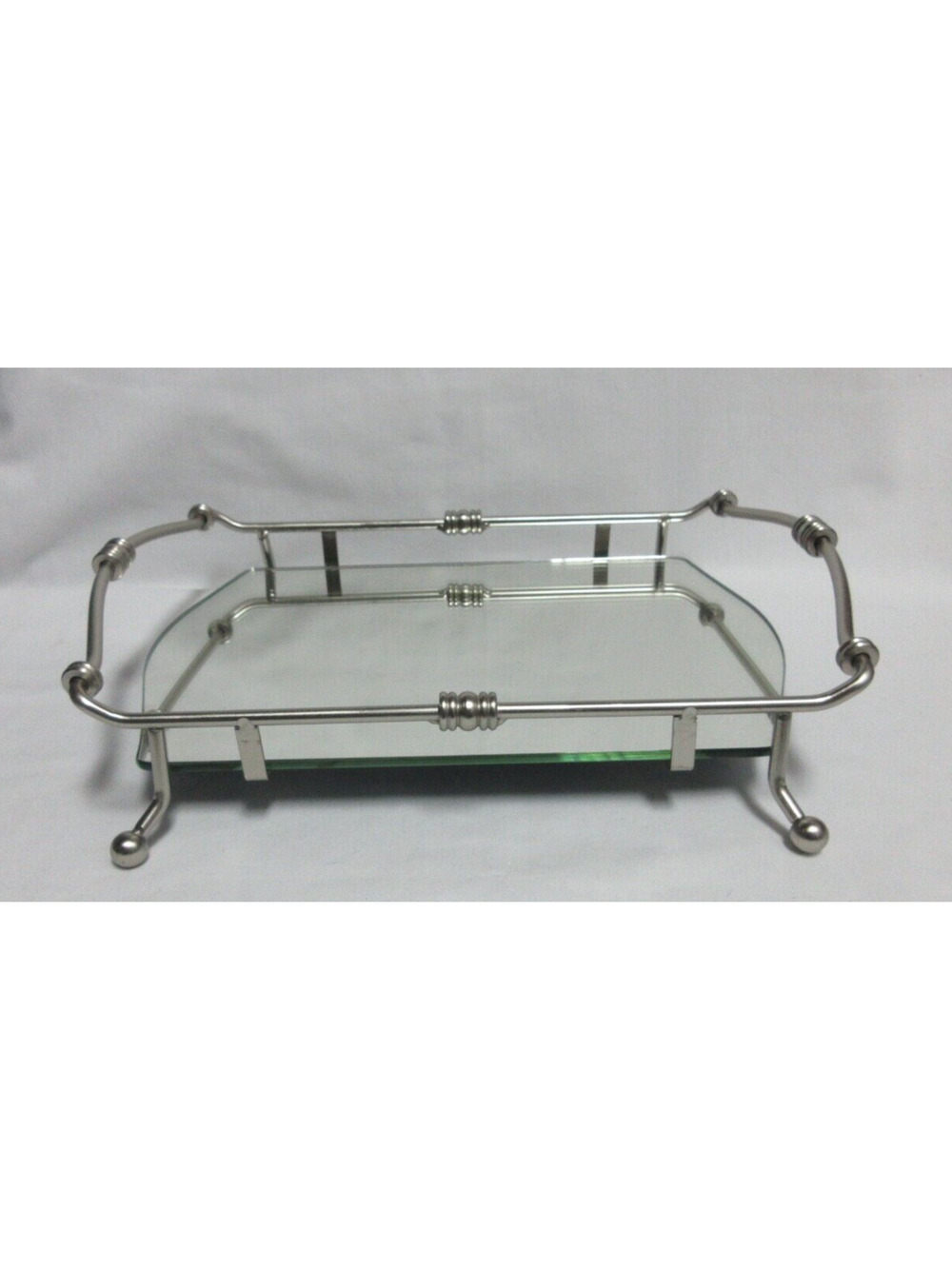 Nickel Tone Metal Rectangle Perfume Vanity Tray with Mirror 11.5" X 8"